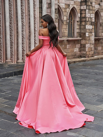 A-Linie/Elegant Satin Ärmellos Rüschen Off-the-Shoulder Hof-schleppe Ballkleider