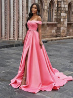 A-Line/Elegant Satin Sleeveless Ruffles Off-the-Shoulder Court Train Prom Dresses by misshow.com