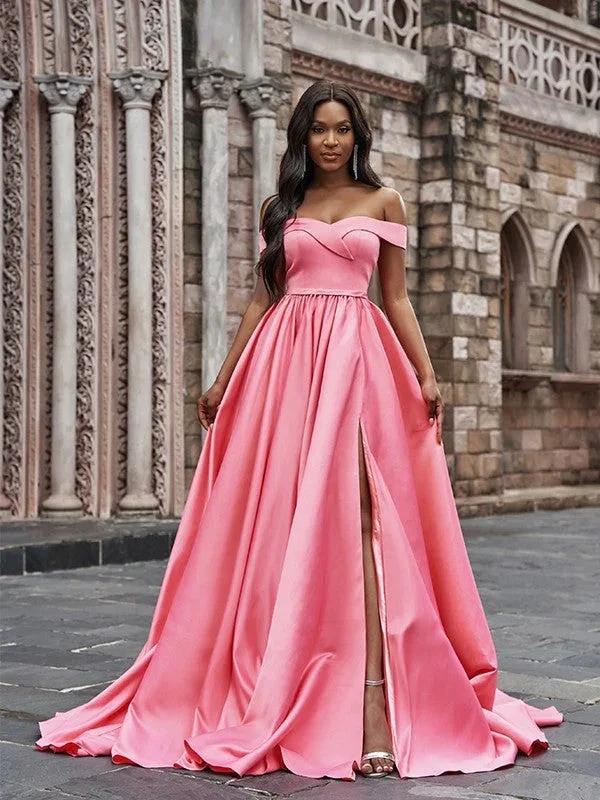A-Line/Elegant Satin Sleeveless Ruffles Off-the-Shoulder Court Train Prom Dresses by misshow.com