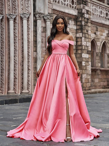 A-Linie/Elegant Satin Ärmellos Rüschen Off-the-Shoulder Hof-schleppe Ballkleider