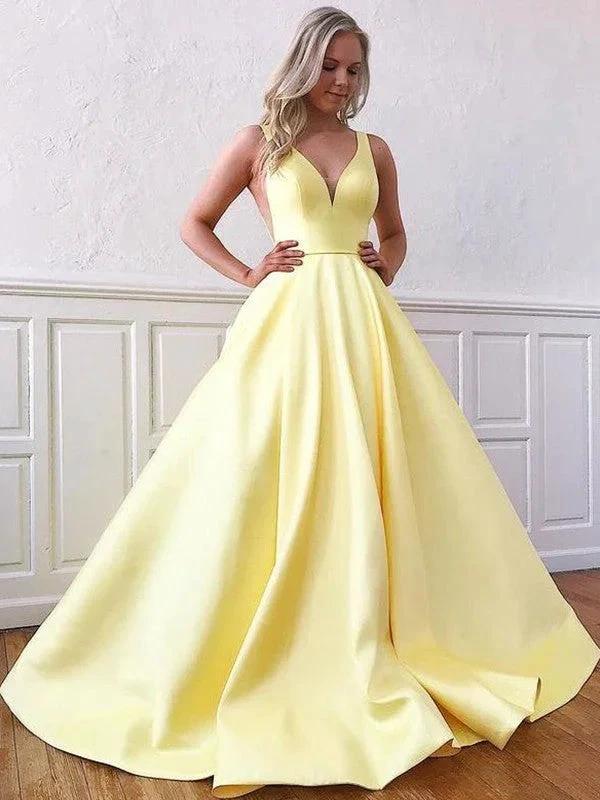 A-Line/Elegant Satin Sleeveless Ruffles V-neck Prom Dresses by misshow.com