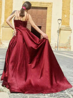 A-Line/Elegant Satin Spaghetti Straps Sleeveless Ruffles Prom Dresses by misshow.com