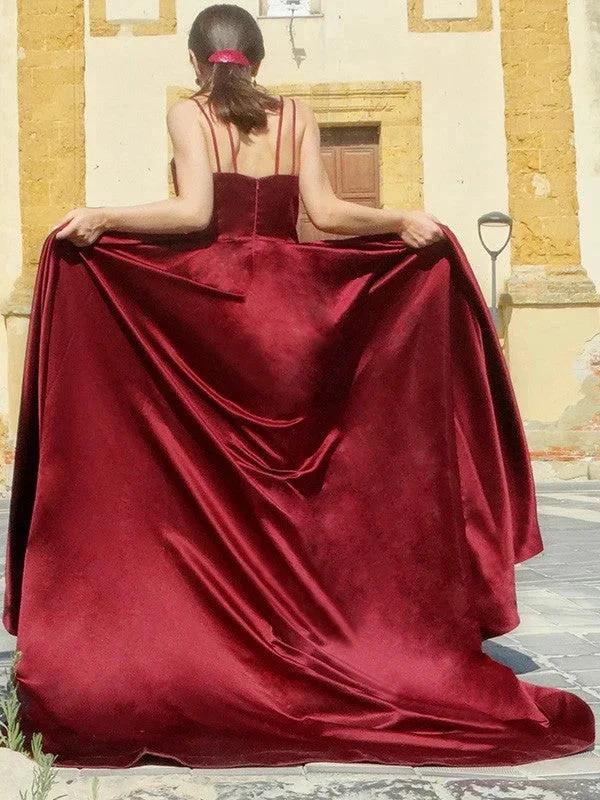 A-Line/Elegant Satin Spaghetti Straps Sleeveless Ruffles Prom Dresses by misshow.com