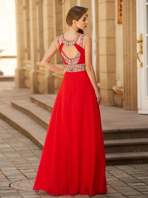A-Line/Elegant Scoop Beading Sleeveless Floor-length Chiffon Prom Dresses by misshow.com