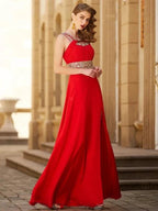 A-Line/Elegant Scoop Beading Sleeveless Floor-length Chiffon Prom Dresses by misshow.com