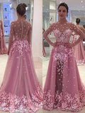 A-Line/Elegant Scoop Long Sleeves Applique Tulle Floor-Length Prom Dresses by misshow.com