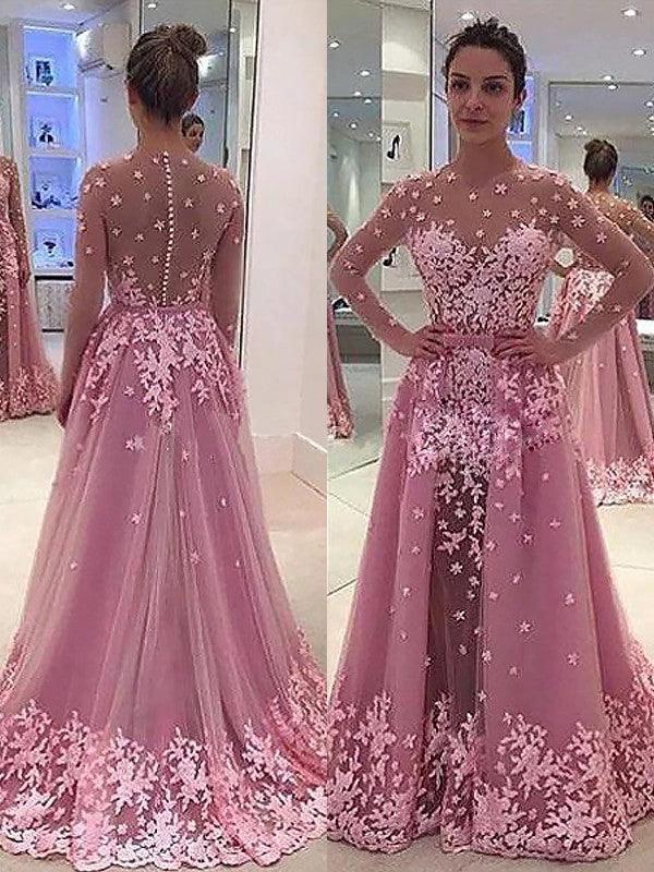 A-Line/Elegant Scoop Long Sleeves Applique Tulle Floor-Length Prom Dresses by misshow.com