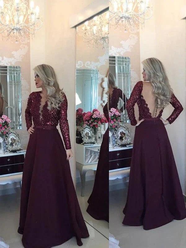 A-Line/Elegant Scoop Long Sleeves Sequin Floor-Length Satin Prom Dresses by misshow.com