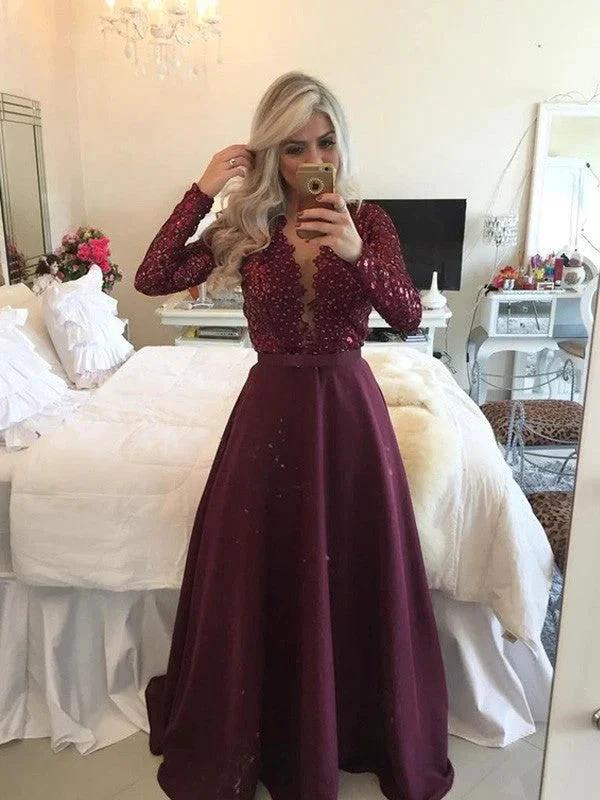 A-Line/Elegant Scoop Long Sleeves Sequin Floor-Length Satin Prom Dresses by misshow.com