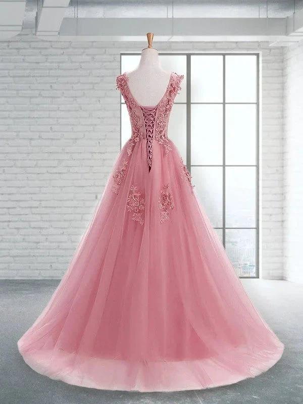 A-Line/Elegant Scoop Sleeveless Applique Tulle Prom Dresses by misshow.com