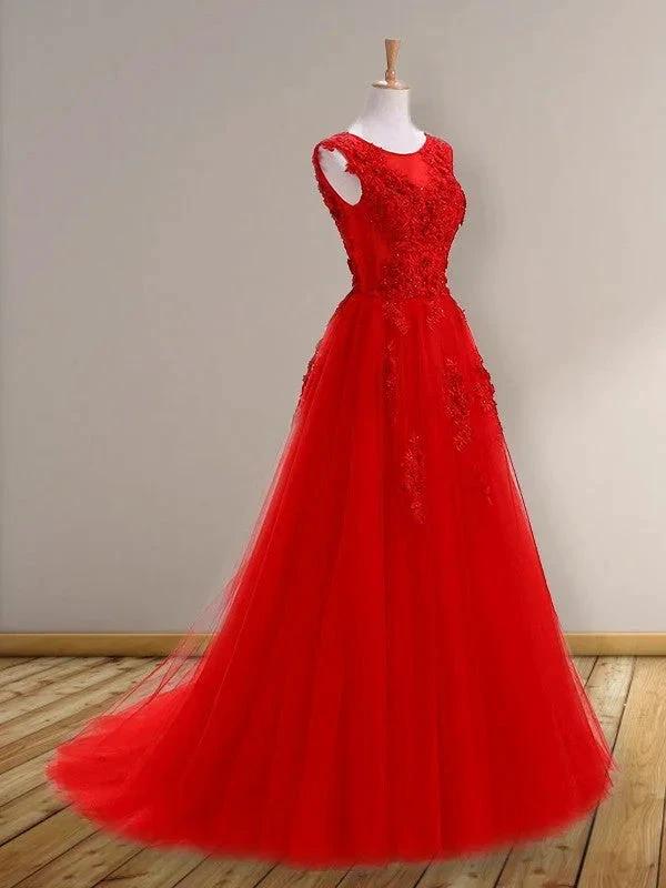 A-Line/Elegant Scoop Sleeveless Applique Tulle Prom Dresses by misshow.com