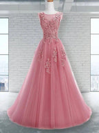 A-Line/Elegant Scoop Sleeveless Applique Tulle Prom Dresses by misshow.com