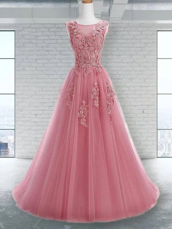 A-Line/Elegant Scoop Sleeveless Applique Tulle Prom Dresses by misshow.com