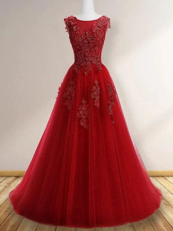 A-Line/Elegant Scoop Sleeveless Applique Tulle Prom Dresses by misshow.com