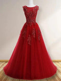 A-Line/Elegant Scoop Sleeveless Applique Tulle Prom Dresses by misshow.com