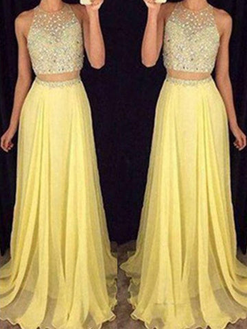 A-Linie/Elegant U-Ausschnitt Ärmellos Perlen verziert Chiffon Zweiteilige Ballkleider
