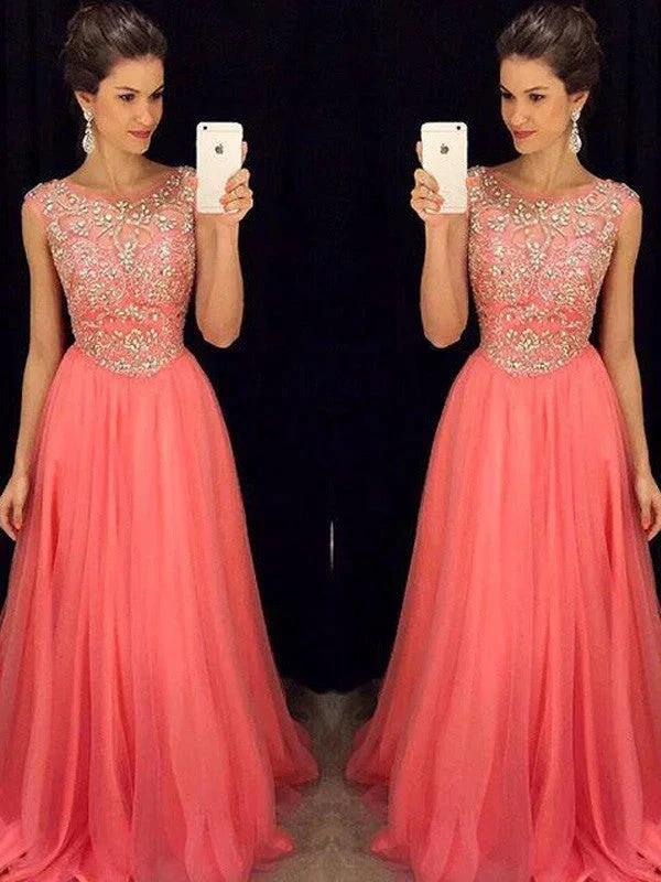 A-Line/Elegant Scoop Sleeveless Beading Floor-Length Chiffon Prom Dresses by misshow.com