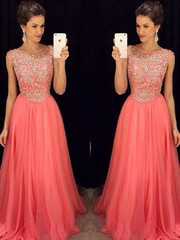 A-Linie/Elegant U-Ausschnitt Ärmellos Perlen verziert Bodenlang Chiffon Abiballkleider