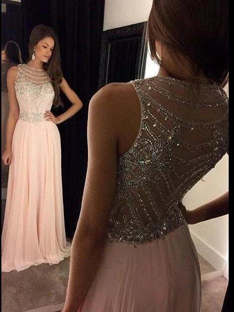 A-Line/Elegant Scoop Sleeveless Chiffon Crystal Floor-Length Prom Dresses by misshow.com