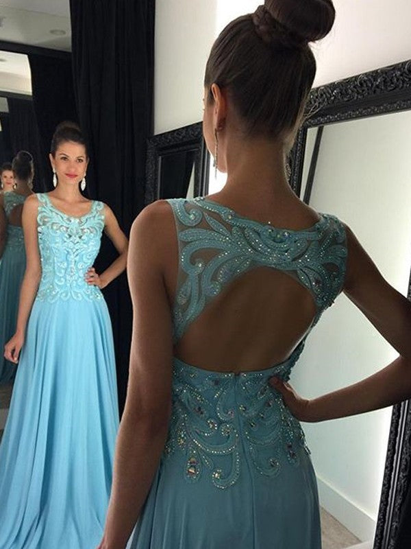 A-Line/Elegant Scoop Sleeveless Floor-Length Applique Chiffon Prom Dresses Hover Image