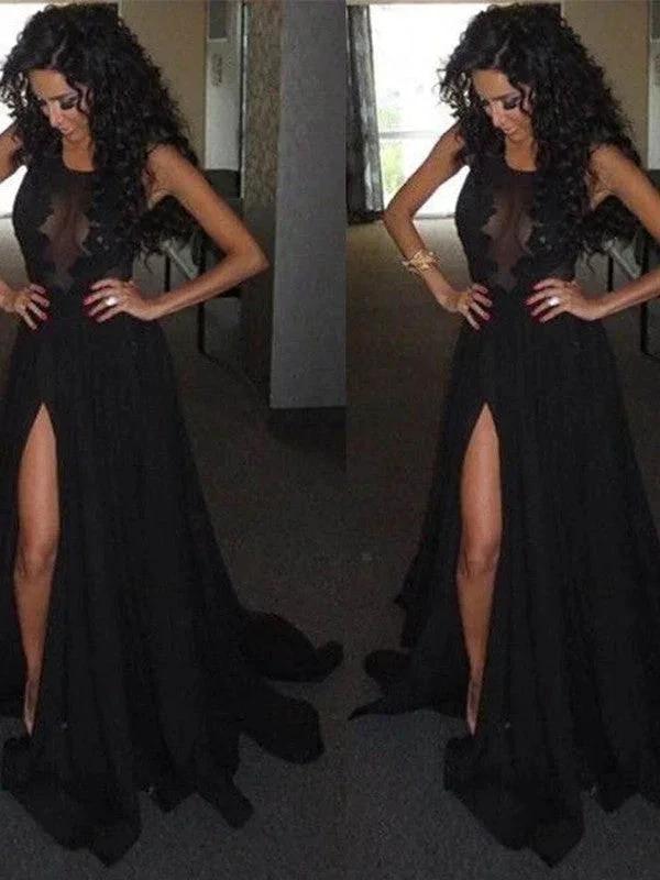 A-Line/Elegant Scoop Sleeveless Satin Chiffon Prom Dresses by misshow.com