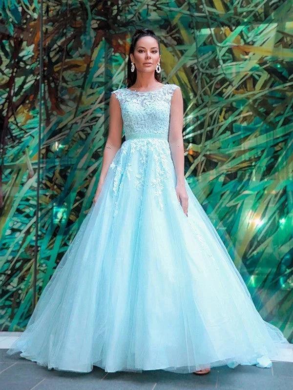 A-Line/Elegant Scoop Sleeveless Tulle Applique Prom Dresses by misshow.com