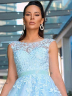 A-Line/Elegant Scoop Sleeveless Tulle Applique Prom Dresses by misshow.com