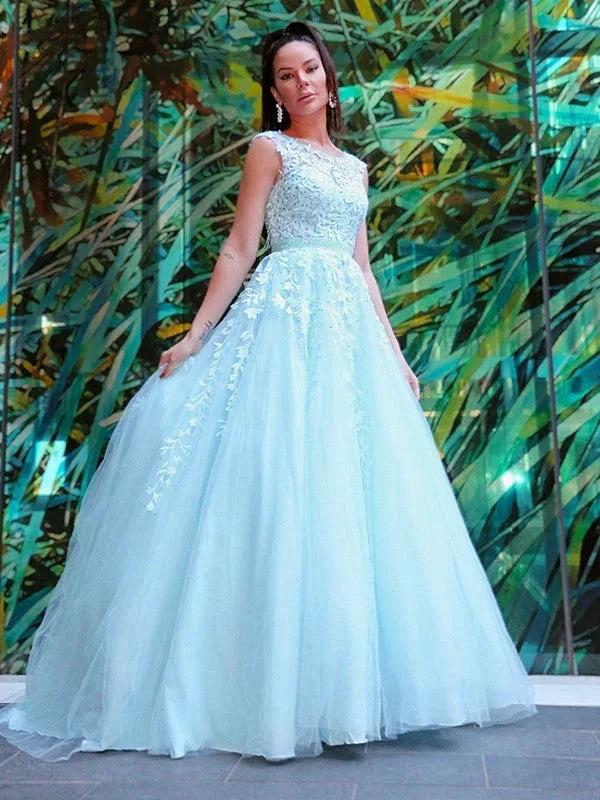 A-Line/Elegant Scoop Sleeveless Tulle Applique Prom Dresses by misshow.com