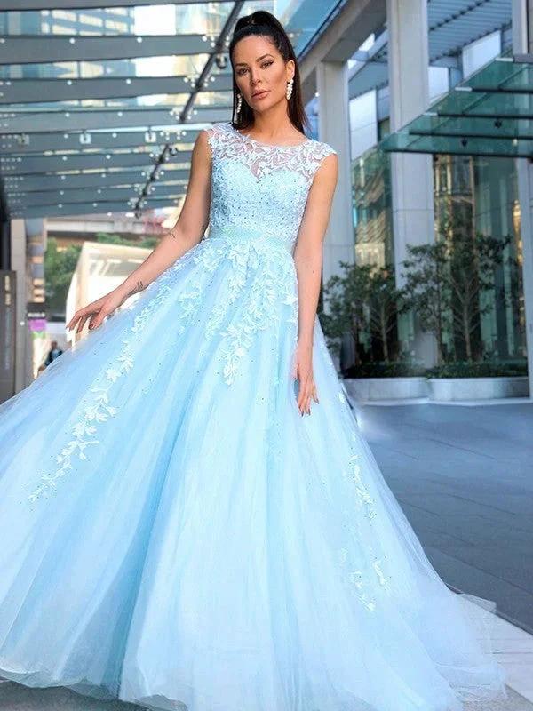 A-Line/Elegant Scoop Sleeveless Tulle Applique Prom Dresses by misshow.com