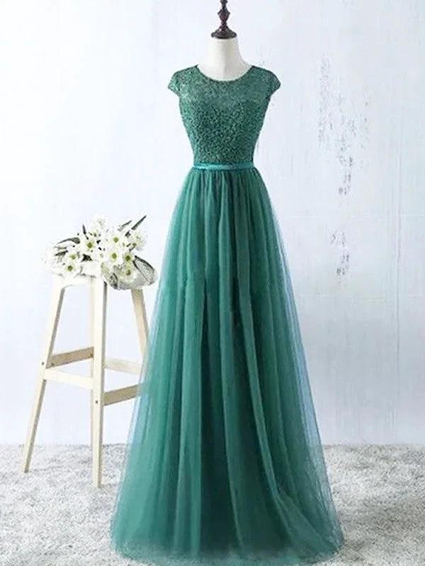 A-Line/Elegant Scoop Sleeveless Tulle Floor-Length Prom Dresses by misshow.com