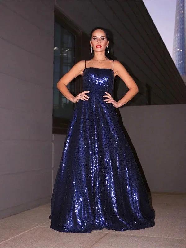 A-Line/Elegant Sequins Spaghetti Straps Ruffles Sleeveless Floor-Length Prom Dresses by misshow.com