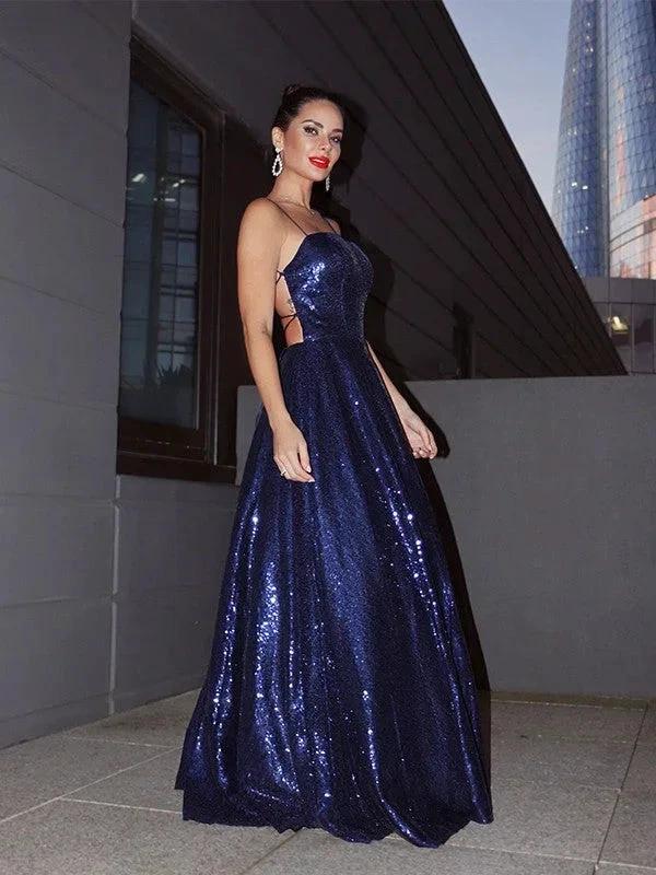 A-Line/Elegant Sequins Spaghetti Straps Ruffles Sleeveless Floor-Length Prom Dresses by misshow.com
