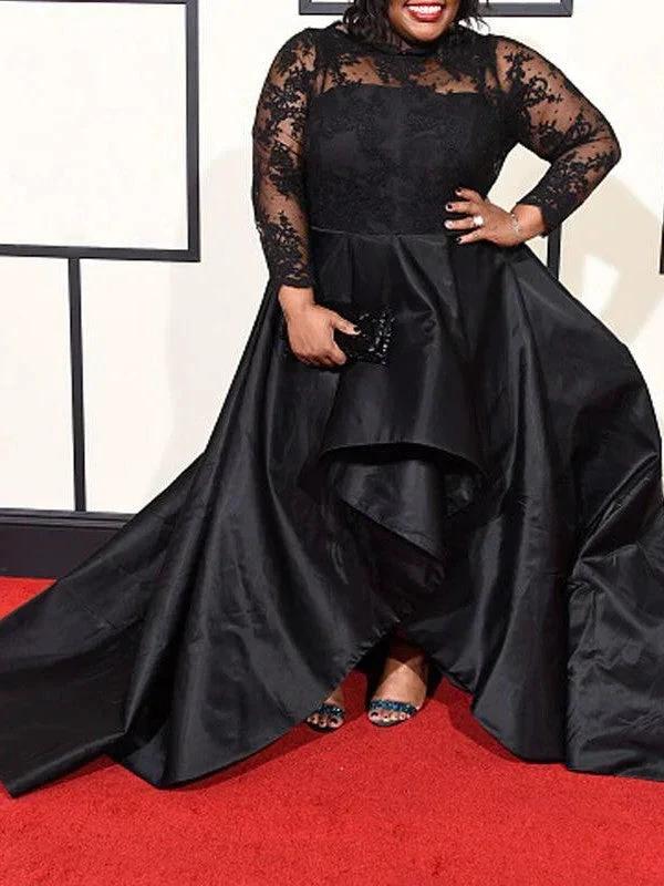 A-Line/Elegant Sheer Neck Long Sleeves Applique Asymmetrical Satin Plus Size Prom Dresses by misshow.com