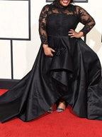A-Line/Elegant Sheer Neck Long Sleeves Applique Asymmetrical Satin Plus Size Prom Dresses by misshow.com