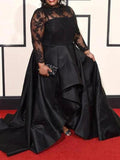 A-Line/Elegant Sheer Neck Long Sleeves Applique Asymmetrical Satin Plus Size Prom Dresses by misshow.com