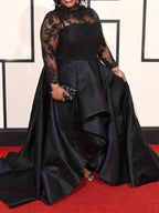 A-Line/Elegant Sheer Neck Long Sleeves Applique Asymmetrical Satin Plus Size Prom Dresses by misshow.com