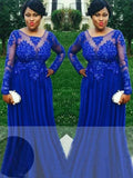 A-Line/Elegant Sheer Neck Long Sleeves Applique Floor-Length Chiffon Plus Size Prom Dresses by misshow.com