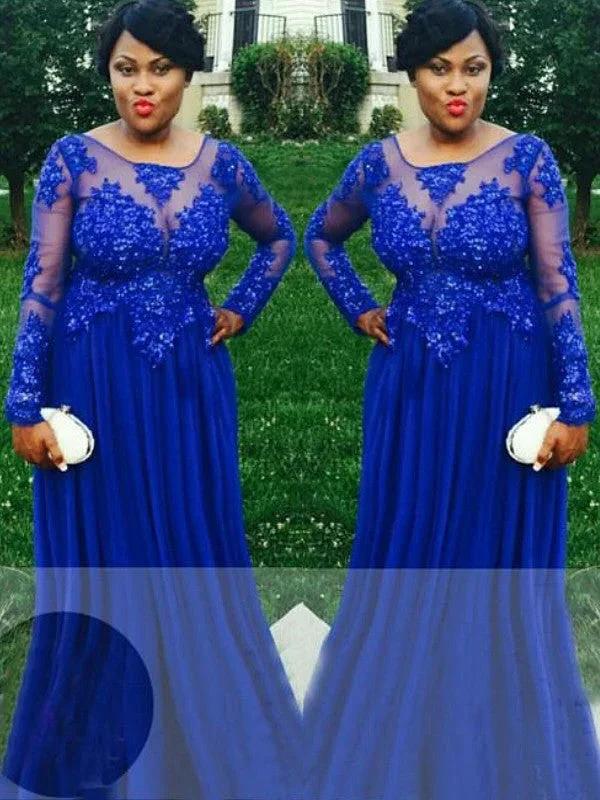 A-Line/Elegant Sheer Neck Long Sleeves Applique Floor-Length Chiffon Plus Size Prom Dresses by misshow.com