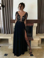 A-Line/Elegant Sheer Neck Long Sleeves Lace Floor-Length Chiffon Prom Dresses by misshow.com