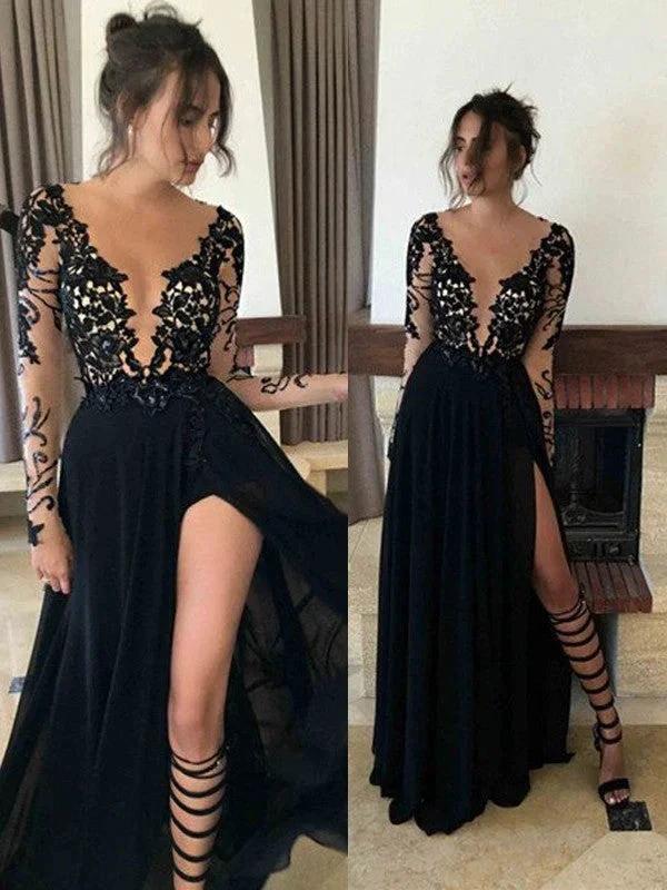 A-Line/Elegant Sheer Neck Long Sleeves Lace Floor-Length Chiffon Prom Dresses by misshow.com