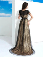 A-Line/Elegant Sheer Neck Paillette Short Sleeves Long Net Prom Dresses by misshow.com