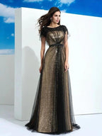 A-Line/Elegant Sheer Neck Paillette Short Sleeves Long Net Prom Dresses by misshow.com