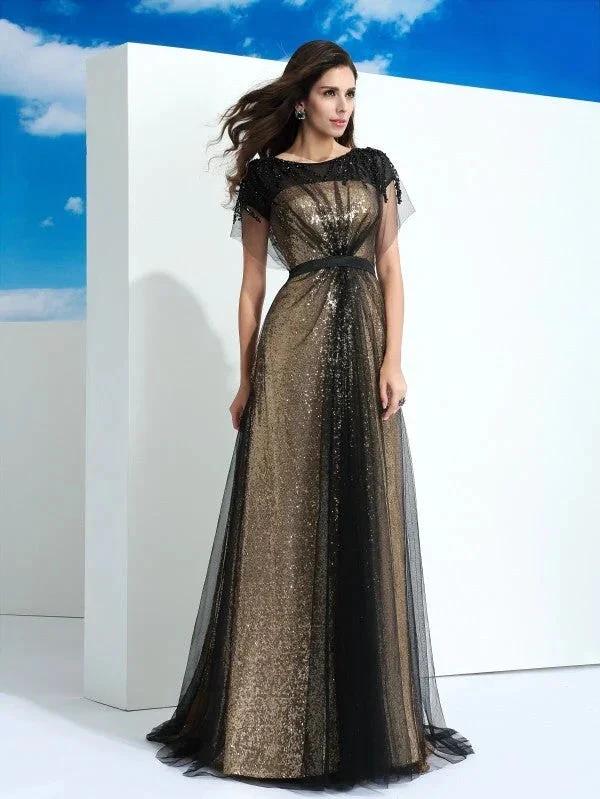 A-Line/Elegant Sheer Neck Paillette Short Sleeves Long Net Prom Dresses by misshow.com