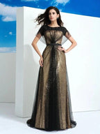 A-Line/Elegant Sheer Neck Paillette Short Sleeves Long Net Prom Dresses by misshow.com