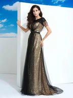 A-Line/Elegant Sheer Neck Paillette Short Sleeves Long Net Prom Dresses by misshow.com