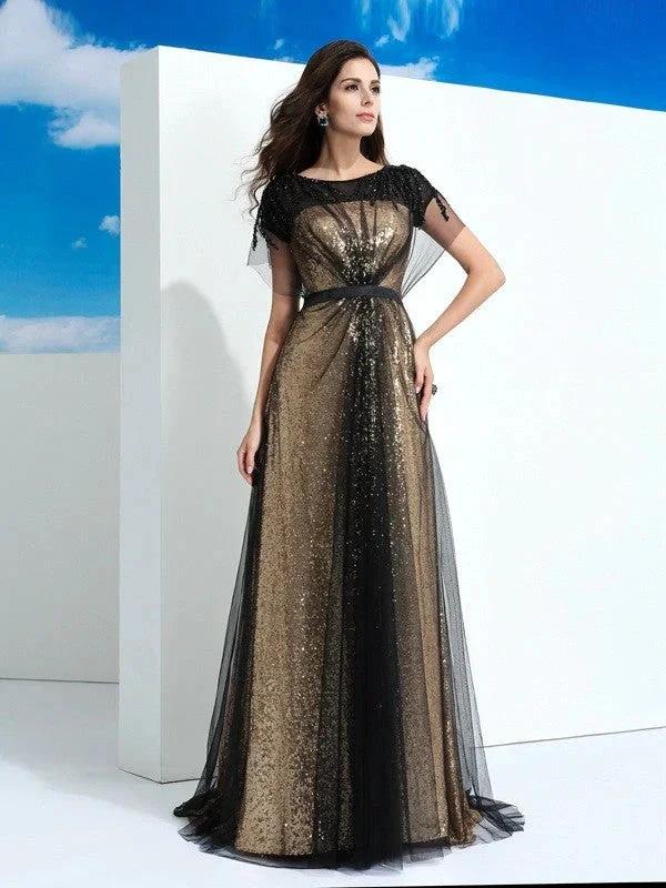 A-Line/Elegant Sheer Neck Paillette Short Sleeves Long Net Prom Dresses by misshow.com