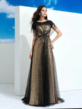 A-Line/Elegant Sheer Neck Paillette Short Sleeves Long Net Prom Dresses by misshow.com