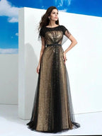 A-Line/Elegant Sheer Neck Paillette Short Sleeves Long Net Prom Dresses by misshow.com