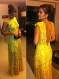 A-Line/Elegant Short Sleeves Lace High Neck Floor-Length Prom Dresses by misshow.com