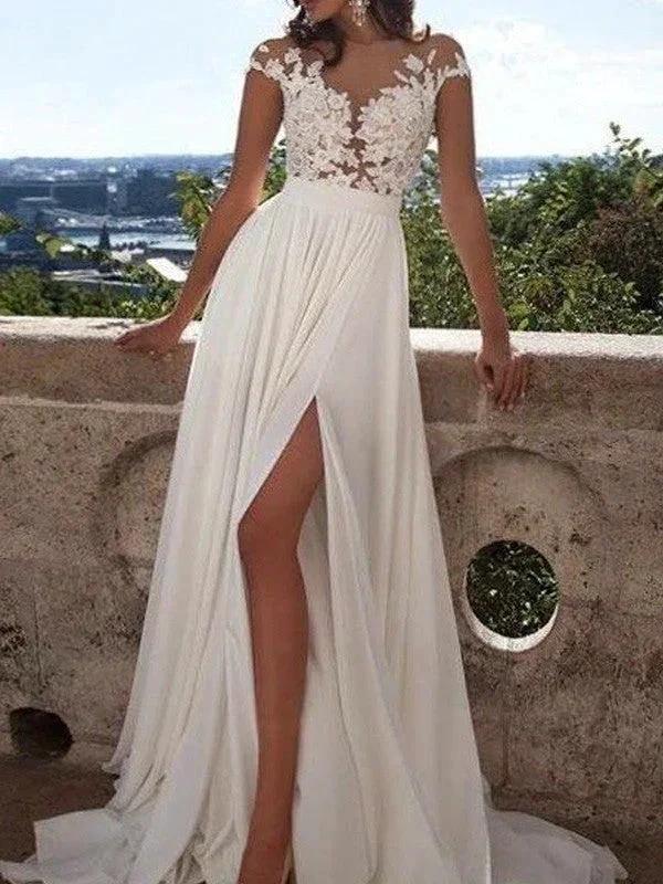 A-Line/Elegant Short Sleeves Scoop Applique Chiffon Prom Dresses by misshow.com